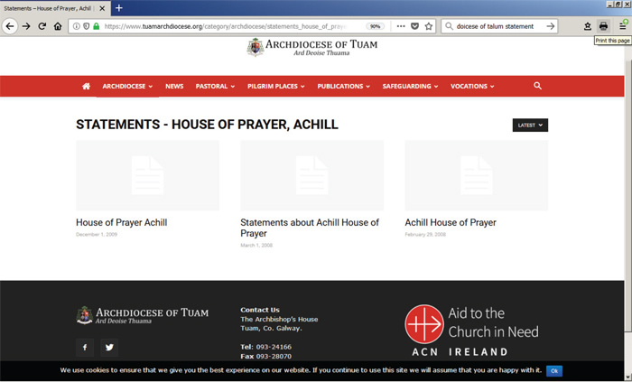 Archdiocese Tuam Statement, Achill House of Prayer
