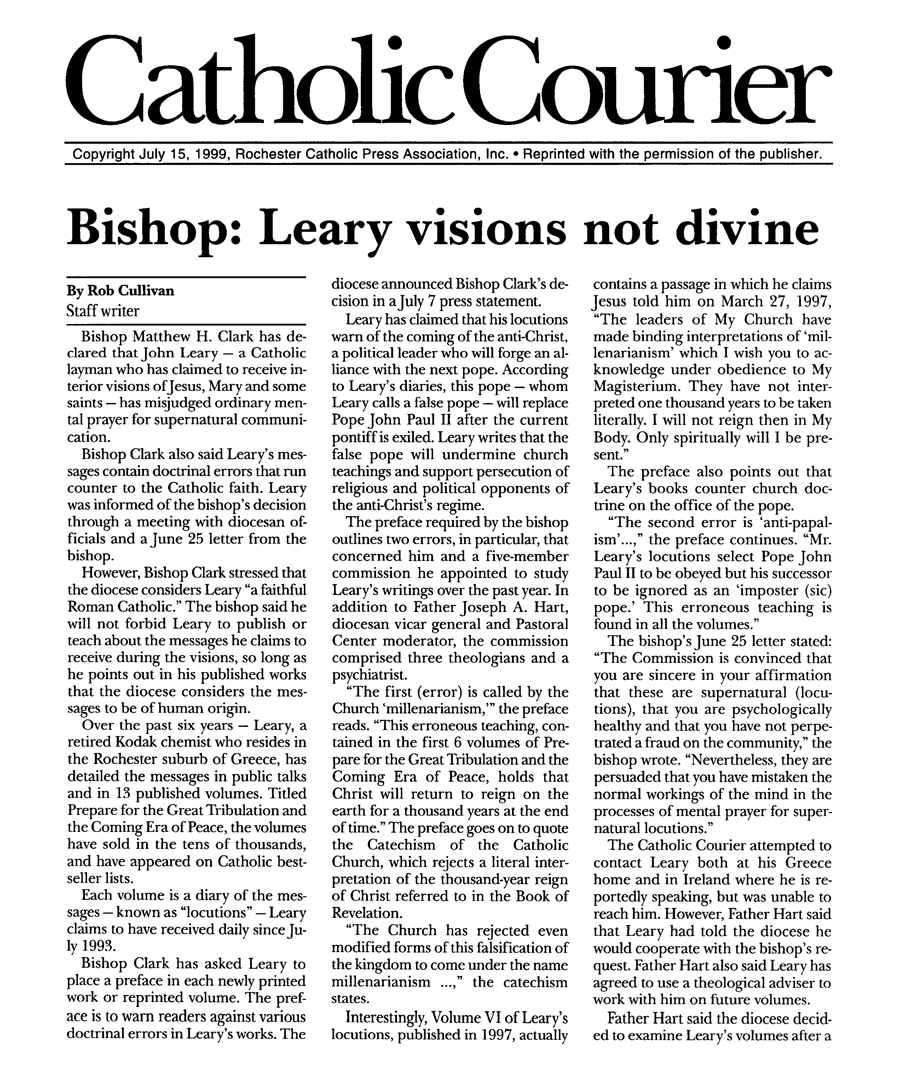 Catholic Courier - John Leary, Great Tribulation
