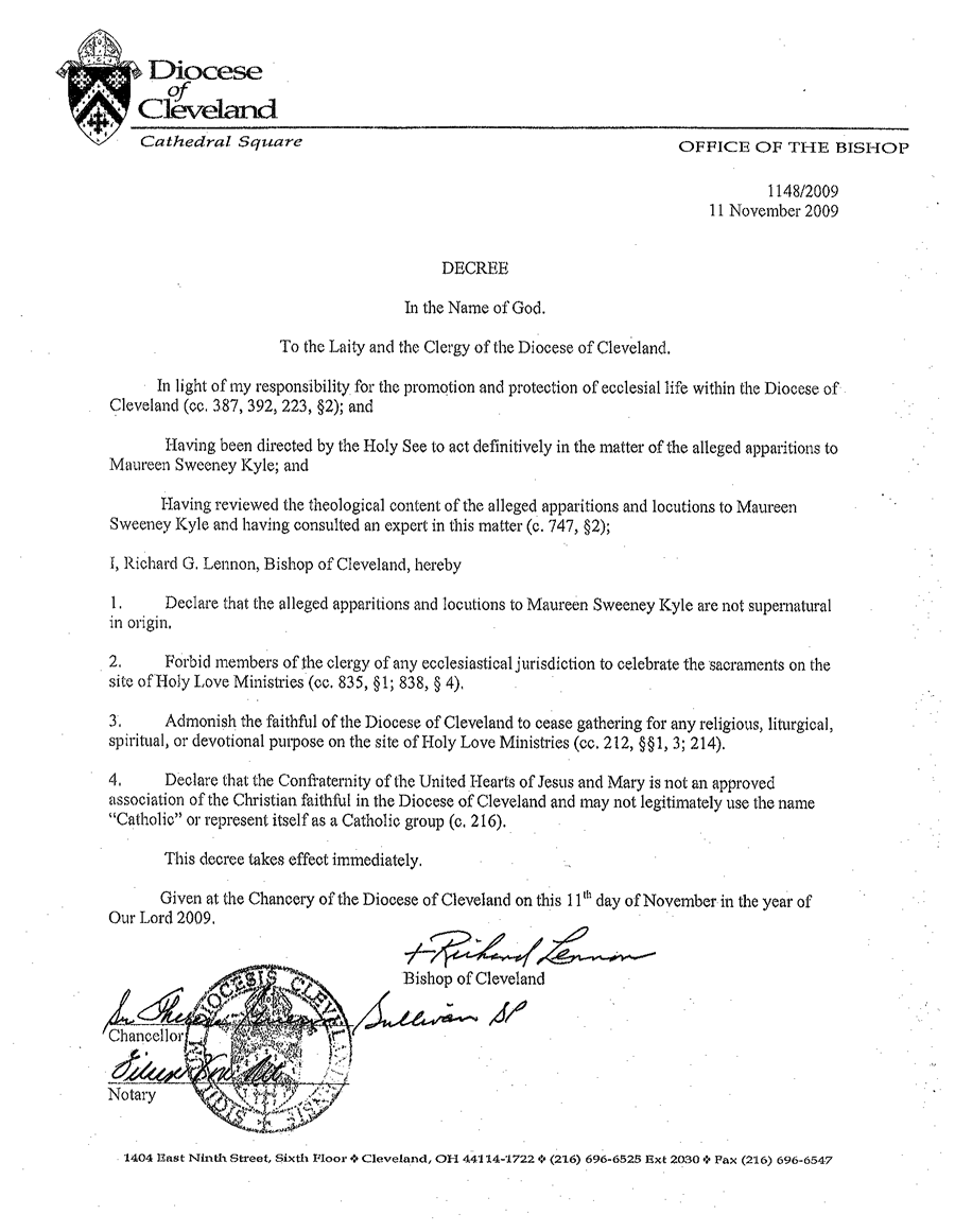 Diocese of Cleveland Decree Concerning Holy Love Ministries
